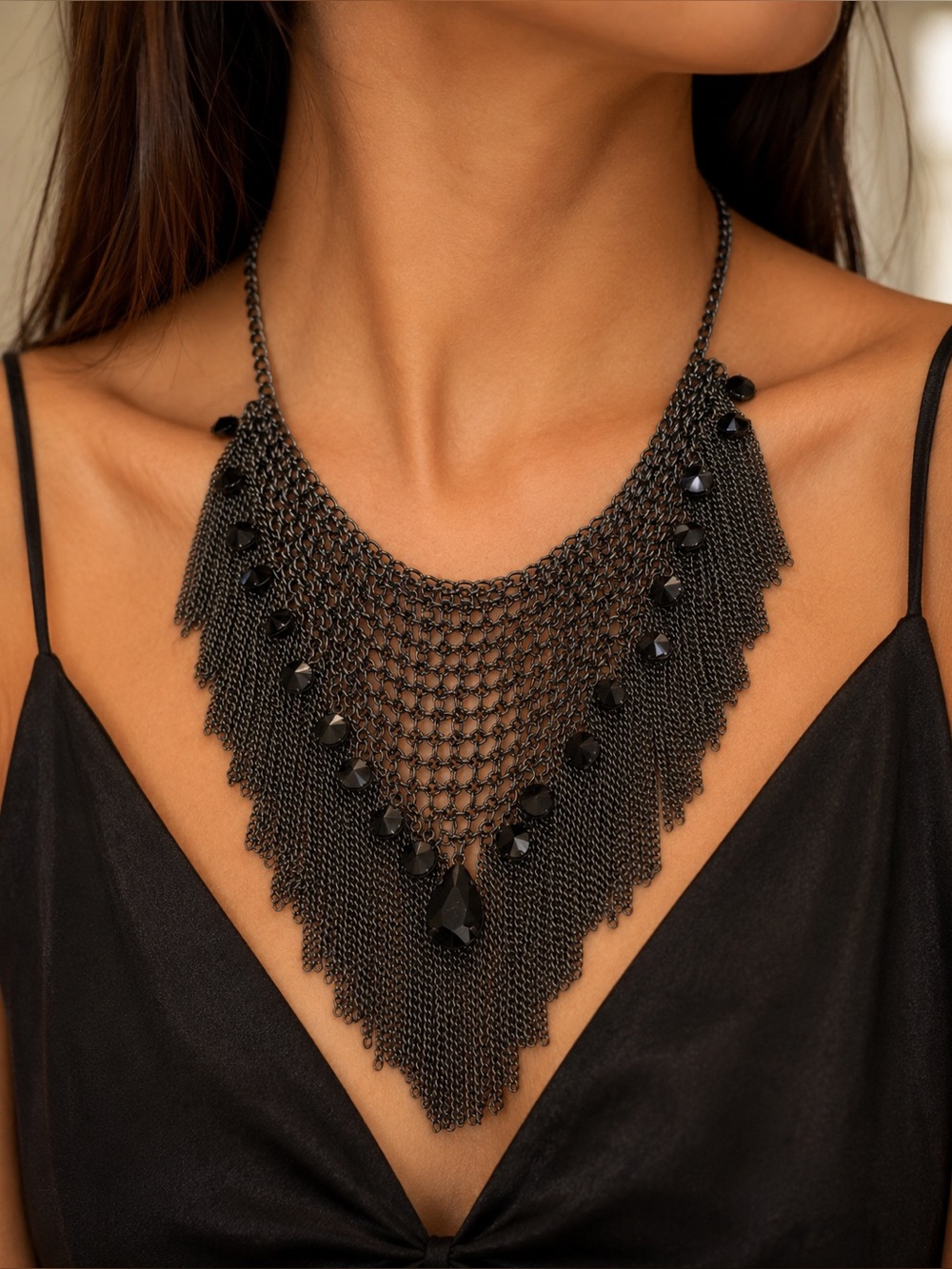 Park Lane Natasha Gunmetal Fringe Bib Necklace in Black with black beads